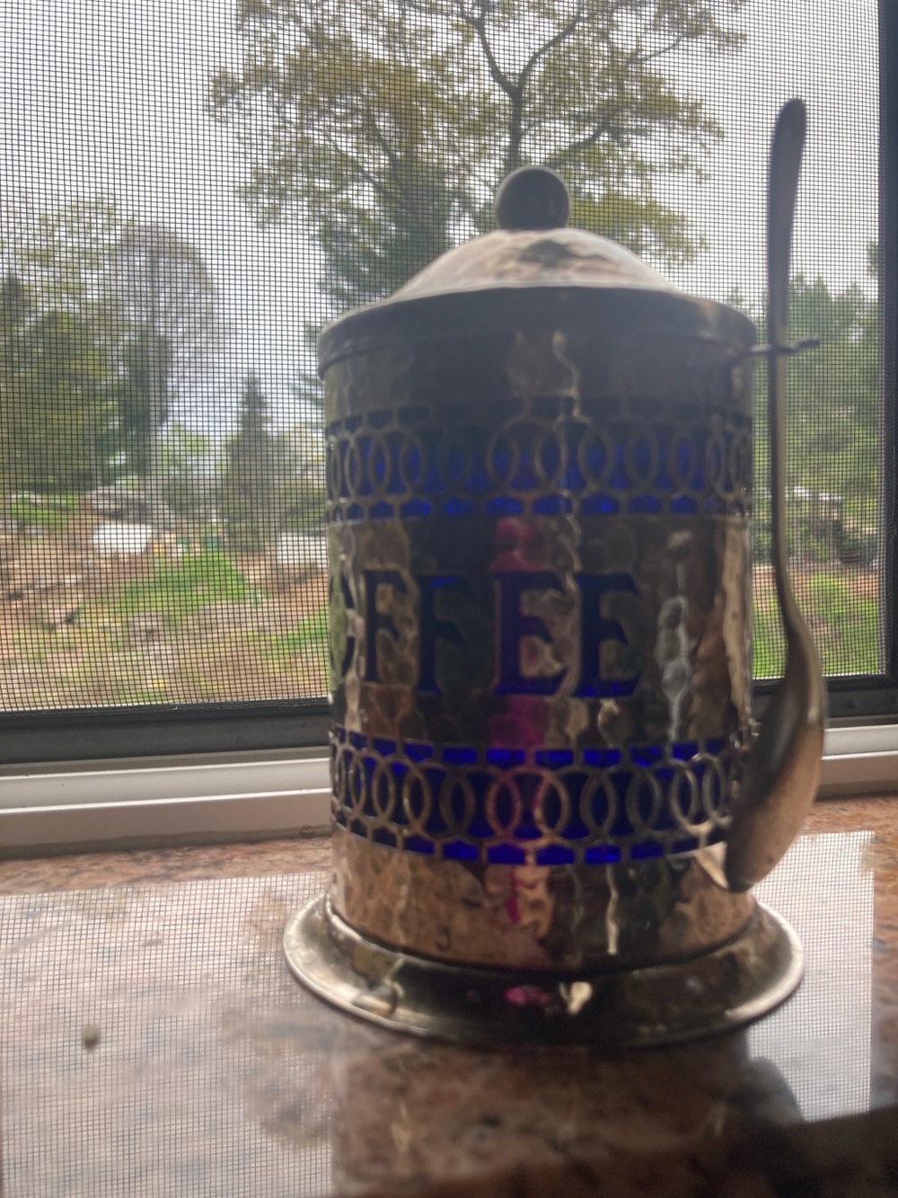 Hammered Silver Coffee Canister with Cobalt Blue Insets - Picture 7 of 12